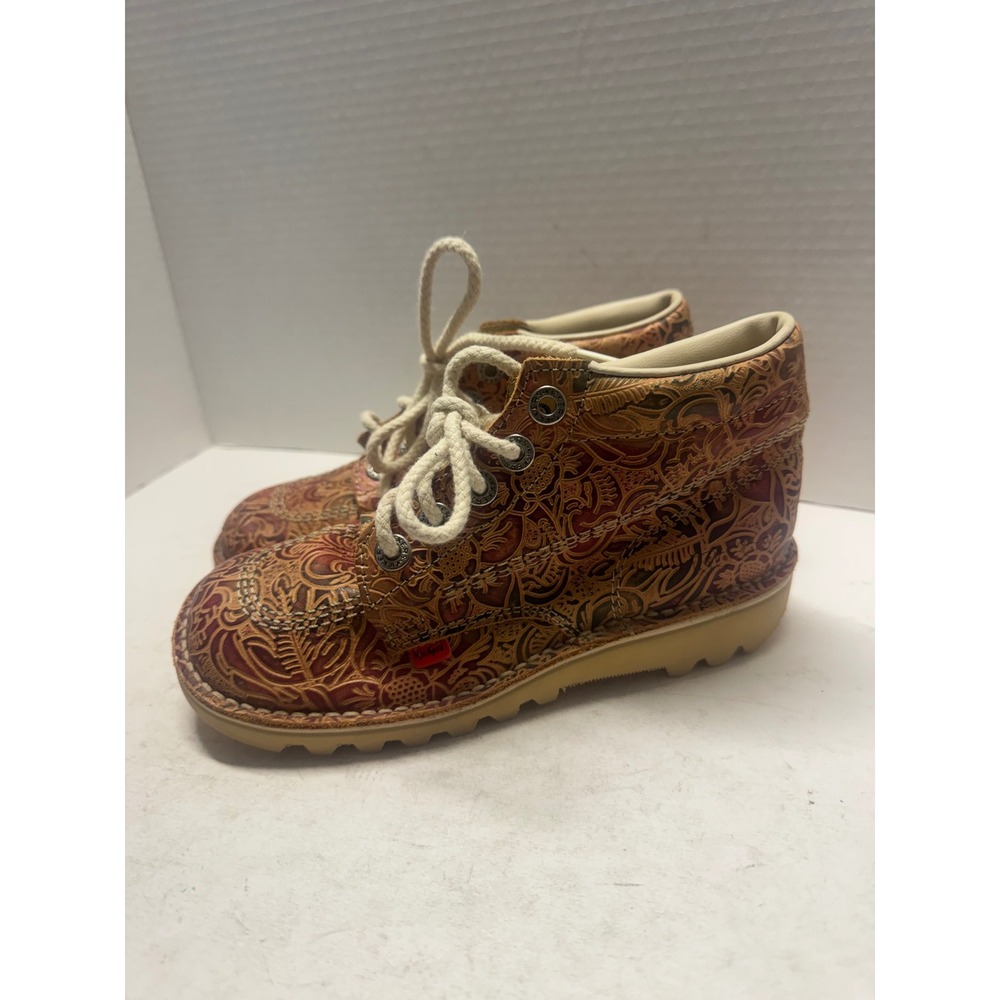 Kickers Kick Hi Embossed Floral Paisley Leather Ankle Boots Brown Red Women 5